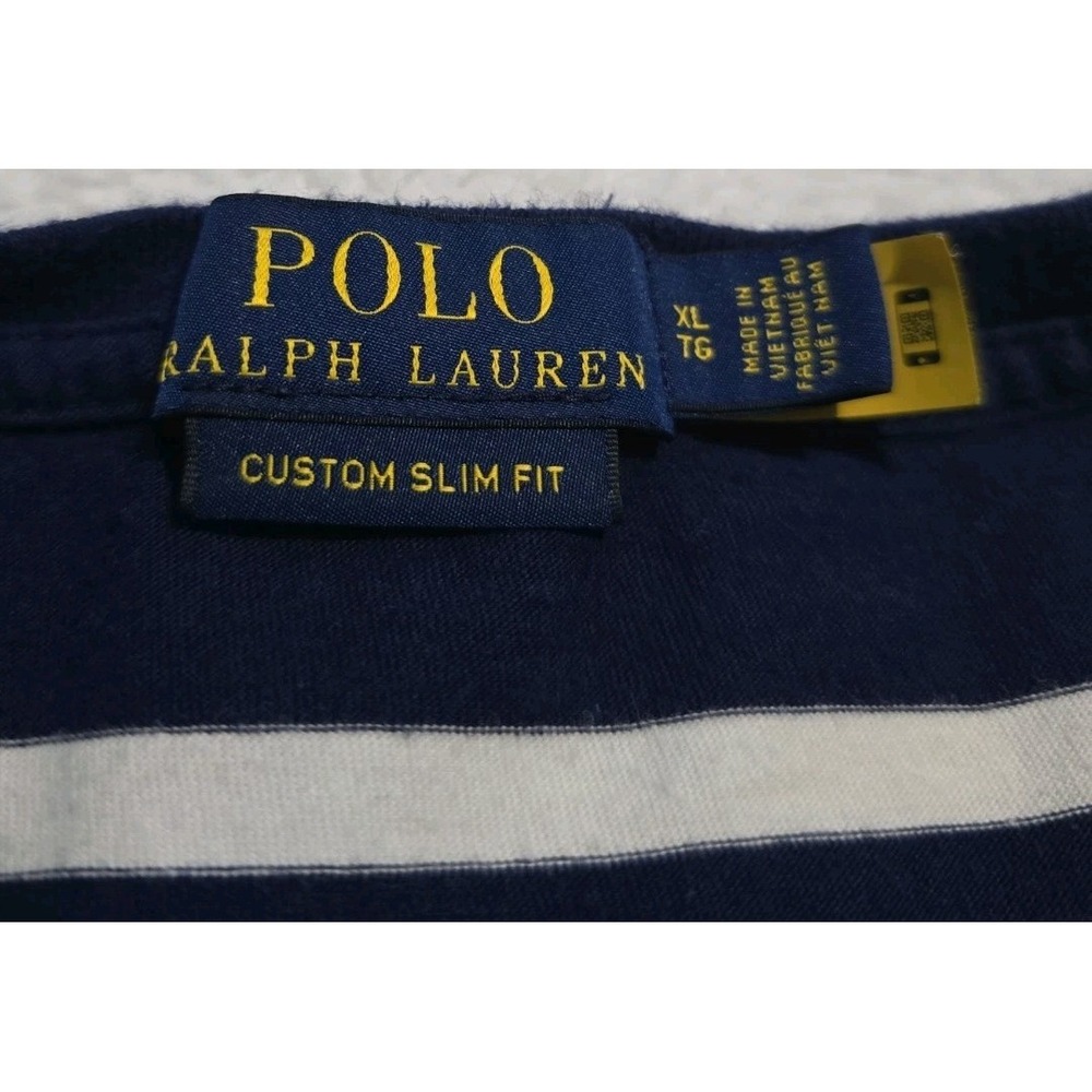 POLO RALPH LAUREN CUSTOM SLIM FIT CREWNECK T-SHIRT STRIPED WHITE / BLUE MEN XL - Picture 4 of 7
